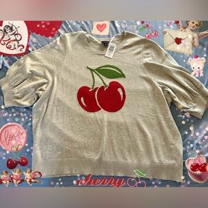 Torrid Gray Sweater with Cherry Green Leaf Design